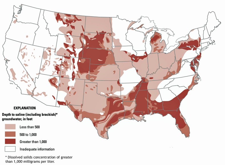 Map of U.S. showing depth to saline groundwater, as an isopleth map.