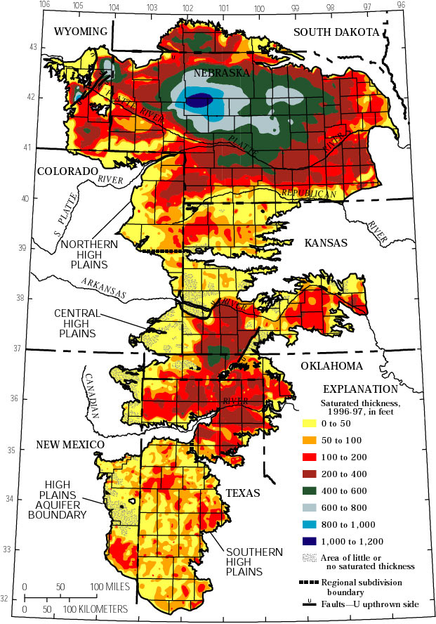 Figure 4. Saturated thickness of the High Plains aquifer, 1996-97 (modified from Weeks and Gutentag, 1981)..