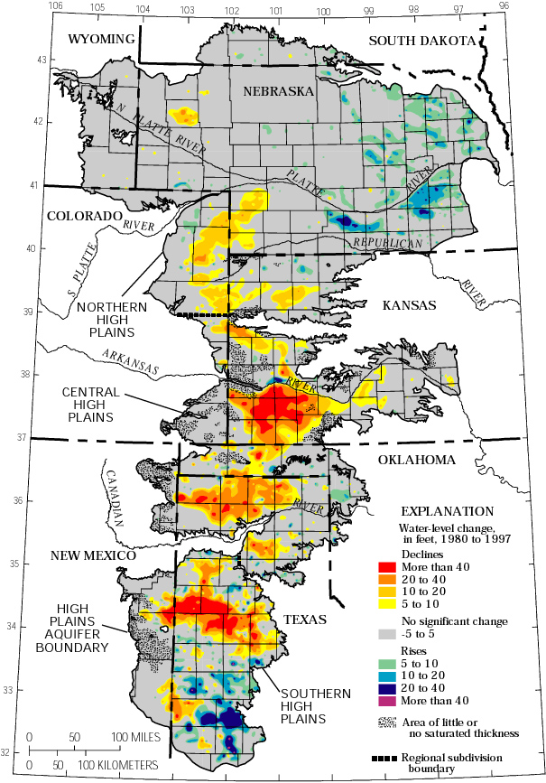 Figure 1. Water-level changes in the High Plains aquifer, 1980 to 1997.