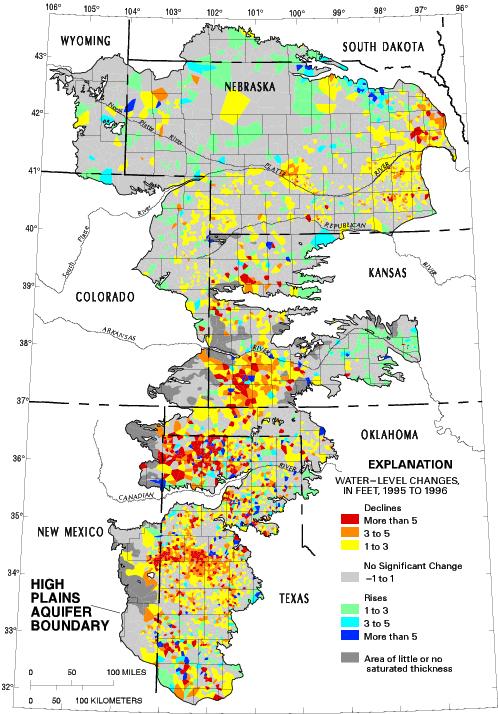 Figure 3. Water-level changes in the High Plains aquifer, 1995 to 1996.