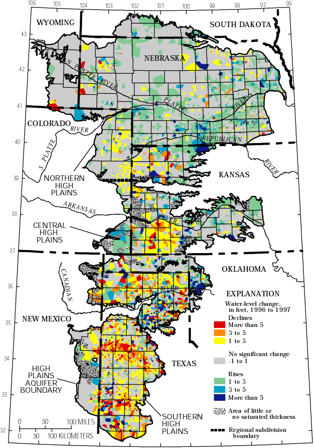 Figure 2. Generalized water-level changes in the High Plains aquifer, 1996 to 1997.