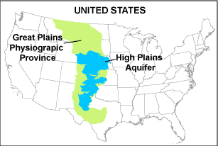 Location map showing the boundary of the Great Plains Physiographic Province and High Plains aquifer within the continental United States.