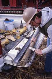Picture of coring alluvial sediments in the High Plains near McCook, NE (Photo by G.V. Steele, USGS).