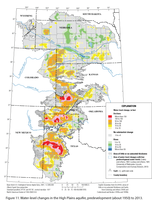 Figure 11. Water-level changes in the High Plains aquifer, predevelopment to 2013. 