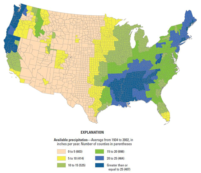 Map of U.S. by county showing available preciptiation.