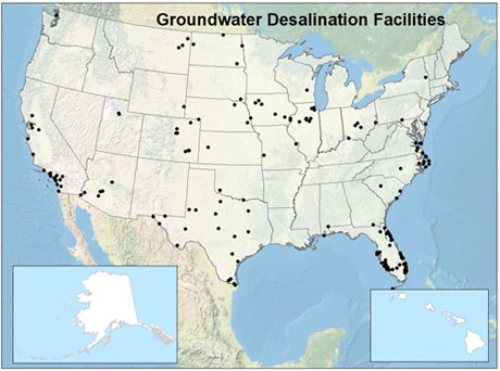 Map of U.S. showing groudnwater desalination facilities.