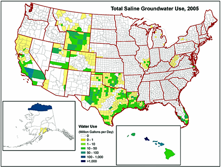 Map of U.S. by county, showing total saline groundwater use, 2005.