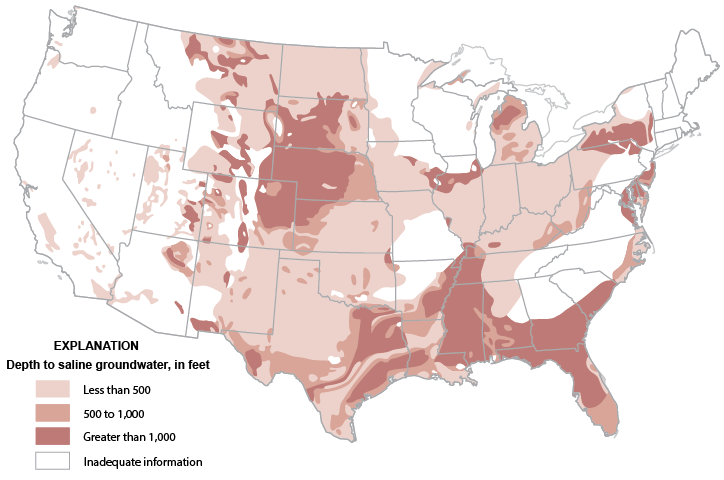 Map of U.S.- Depth to saline water, Modified from Feth and others, 1965.